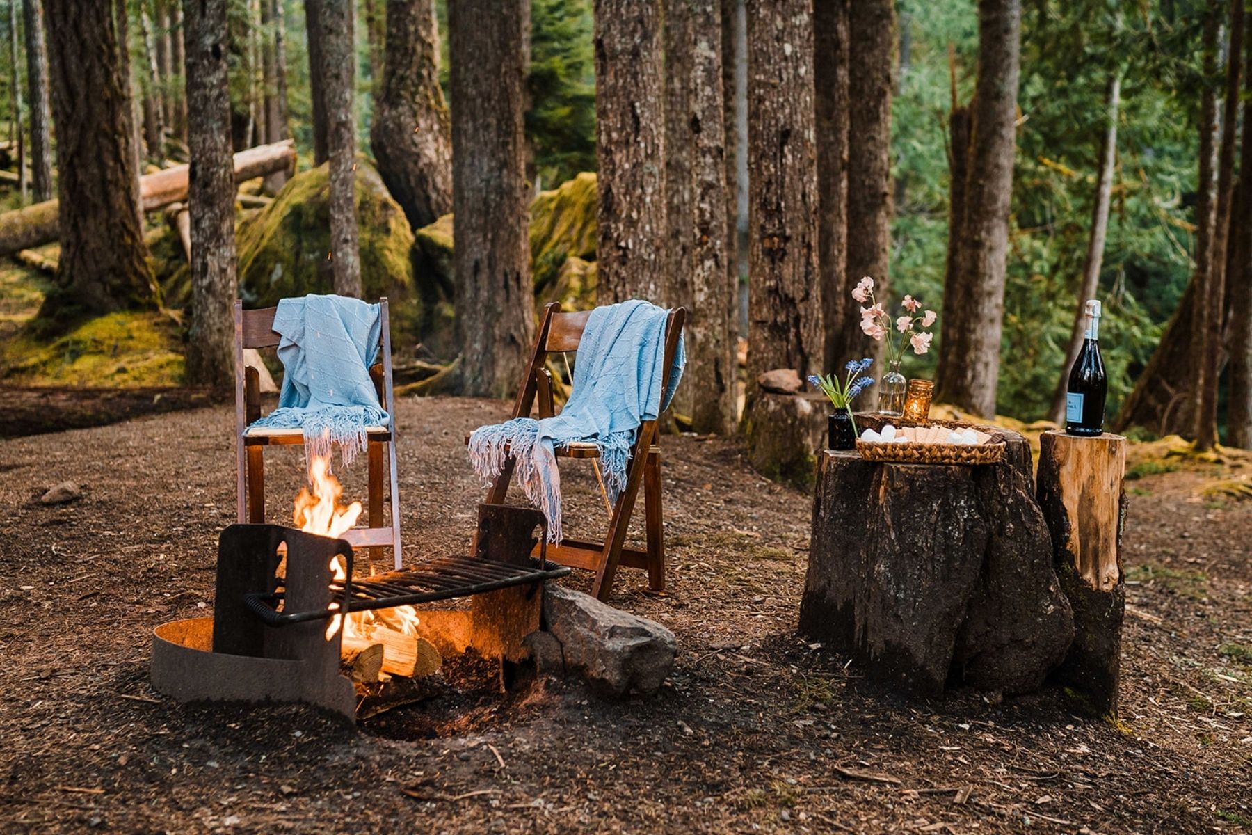 Camp chairs site around a campfire at a campsite in a Washington state park wedding venue.