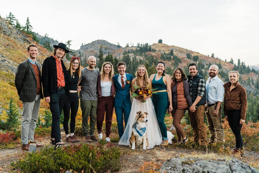 Wedding party portraits after elopement in the mountains in Snoqualmie Valley