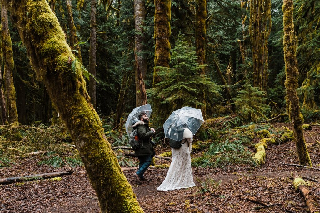 Bride and groom walking through the forest holding clear umbrellas on their spring elopement in Washington