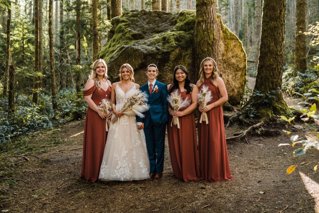 Brides and bridesmaids wedding photos in the forest in Snoqualmie