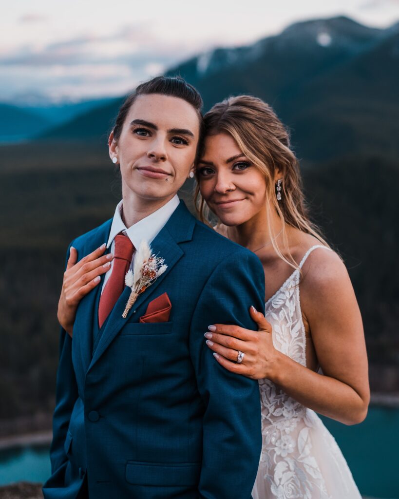 Adventure wedding photos with two brides in Snoqualmie