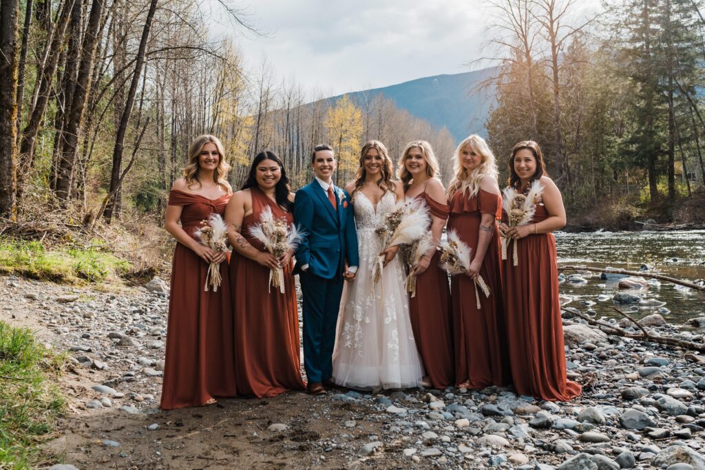 Wedding party photos by the river in Snoqualmie