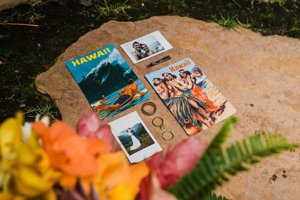 Colorful Hawaii elopement details and flowers