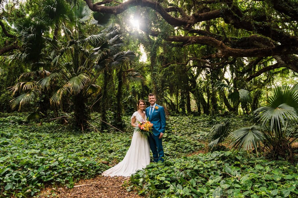 Bride and groom couple portraits in the rainforest during their Hawaii elopement 