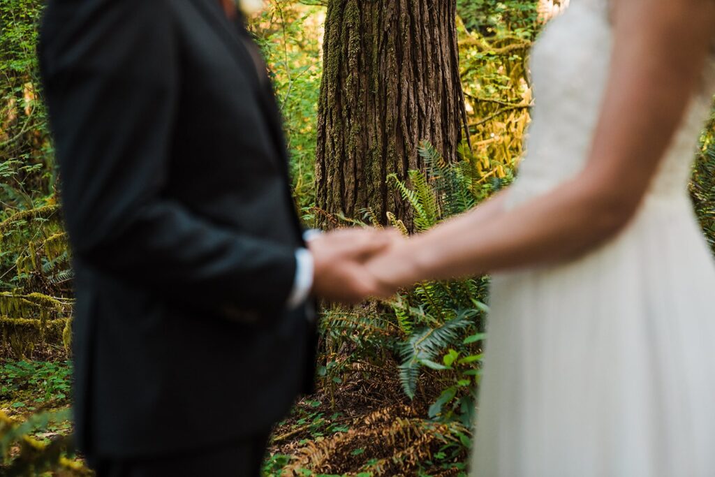 Bride and groom hold hands during their redwoods elopement ceremony in California