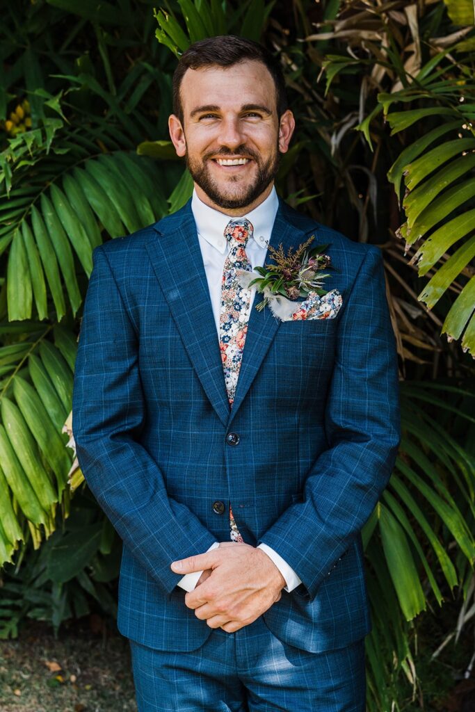 Groom portrait in the forest at two-day Kauai wedding