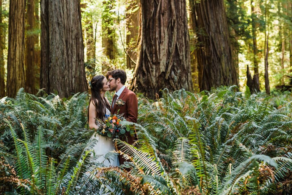 Bride and groom kiss while surrounded by ferns during their redwoods elopement photos on the Oregon Coast