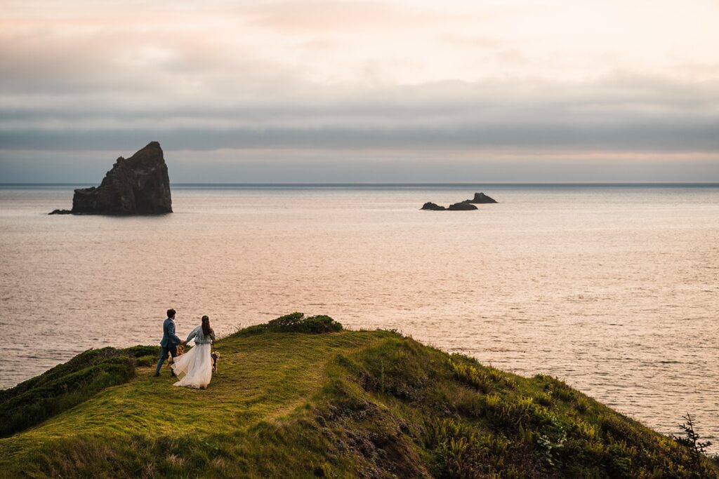 Bride and groom hold hands while walking their dogs out to a cliff overlooking the ocean at their Crook Point elopement