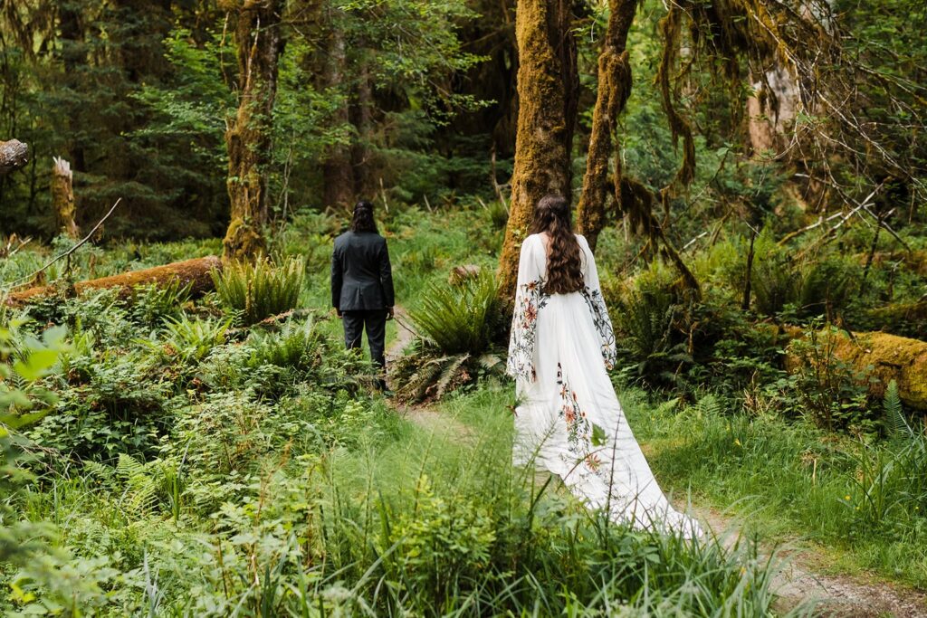 Bride and groom wedding first look in Hoh Rainforest