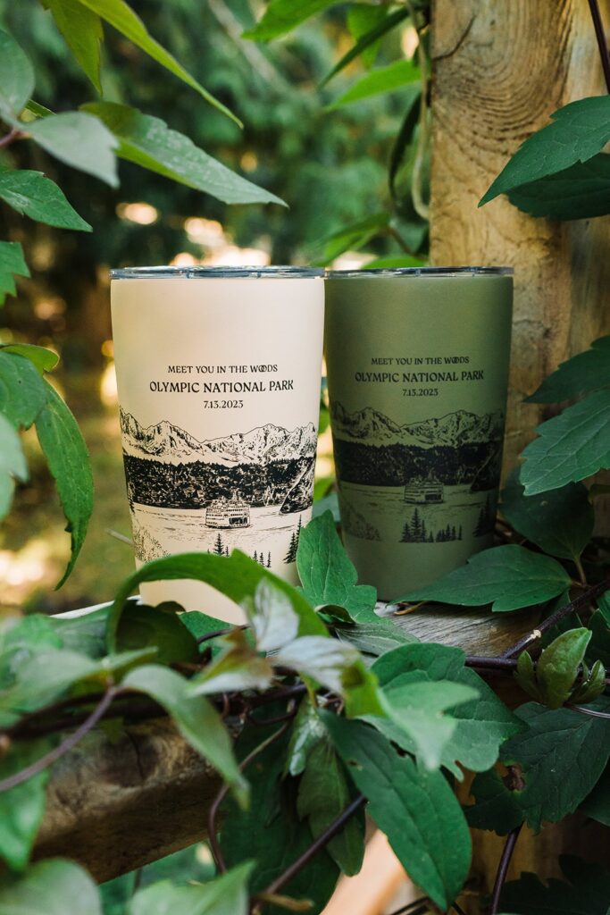 Custom green and white Olympic National Park wedding mugs