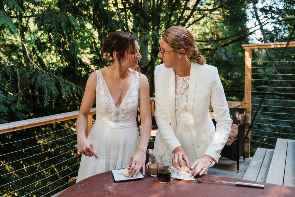 Brides roast homemade marshmallows at Olympic National Park wedding reception