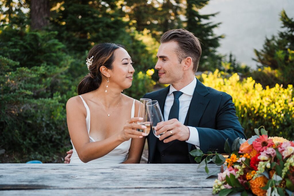 Bride and groom toast champagne during their elopement picnic in the North Cascades