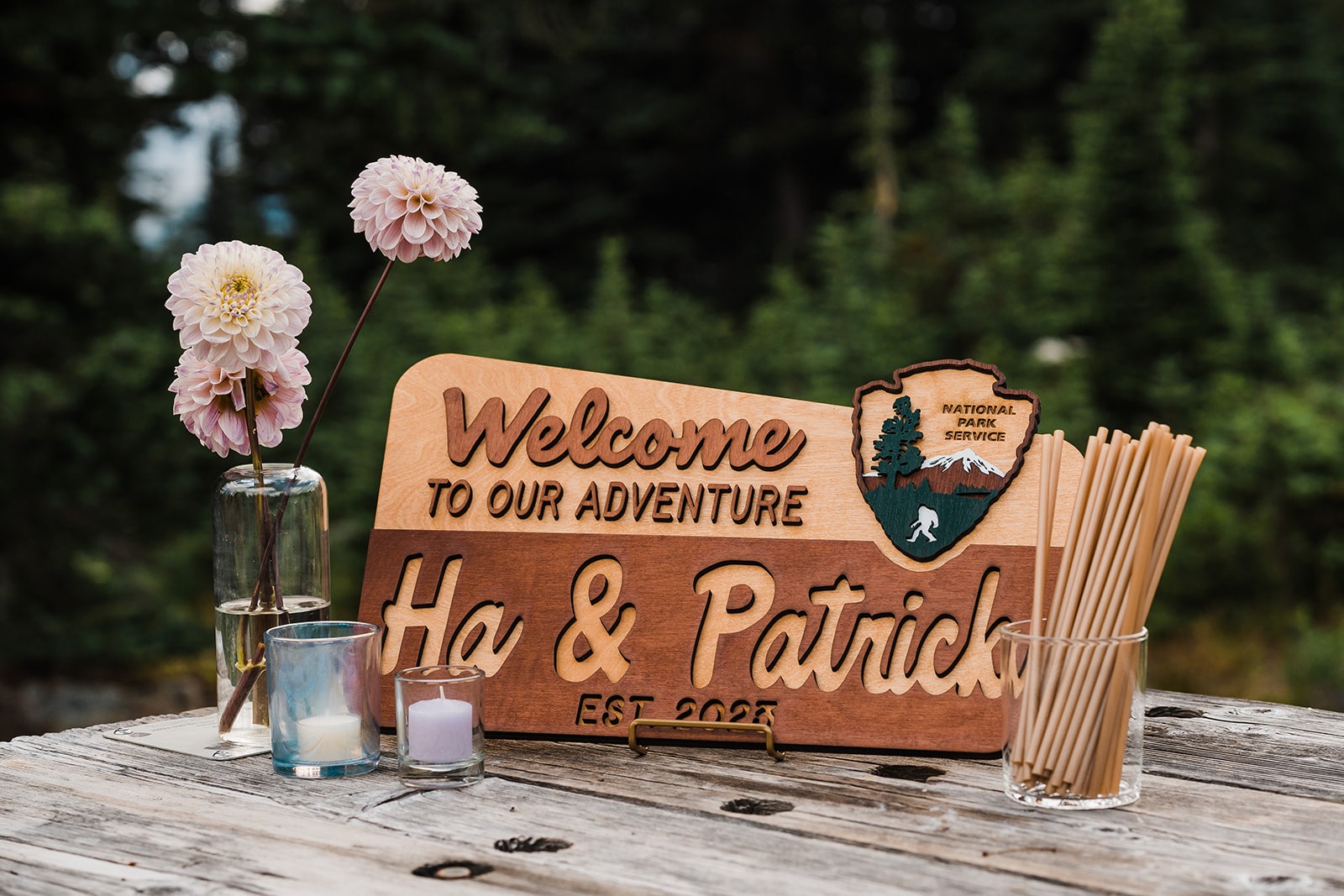 Washington national park wedding sign with bud vases.