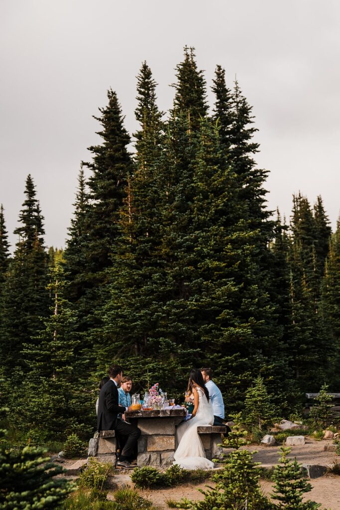 Bride and groom eat with their guests at their Mount Rainier wedding celebratory meal