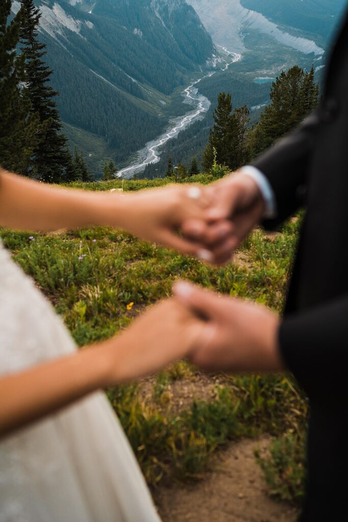 Bride and groom hold hands during their Mount Rainier National Park sunset photos