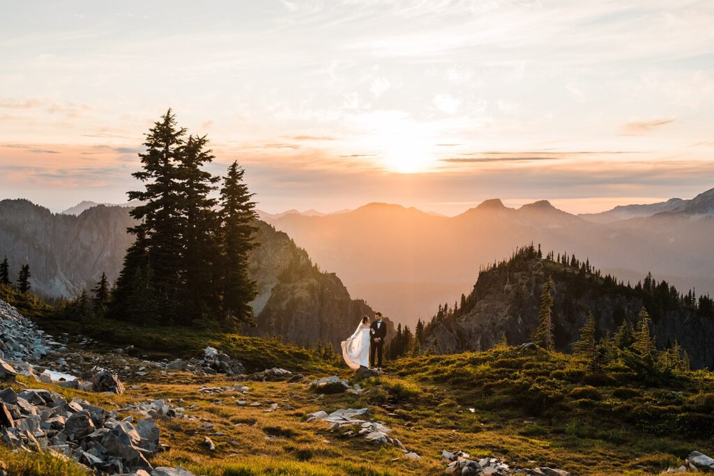 Sunset elopement photos in the mountains at Mt Rainier National Park