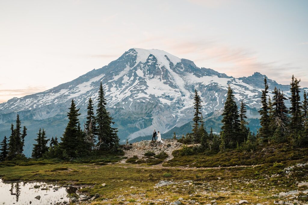 Bride and groom hold hands in front of Mt Rainier during their alpine lake elopement