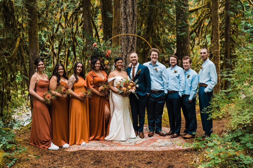 Wedding party photos in the forest in the North Cascades