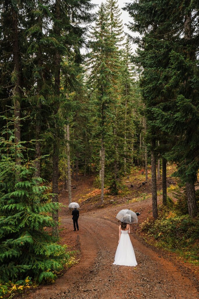 Bride holding a clear umbrella and walking up behind the groom for their first look in the forest