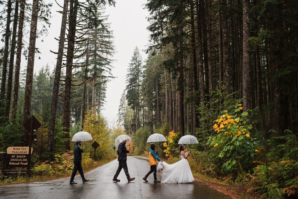 Bride and groom walk with guests to their forest elopement ceremony in Snoqualmie