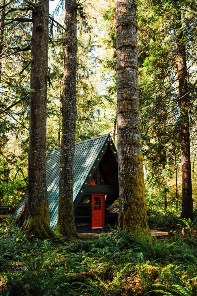 A-frame cabin nestled in the woods in Washington