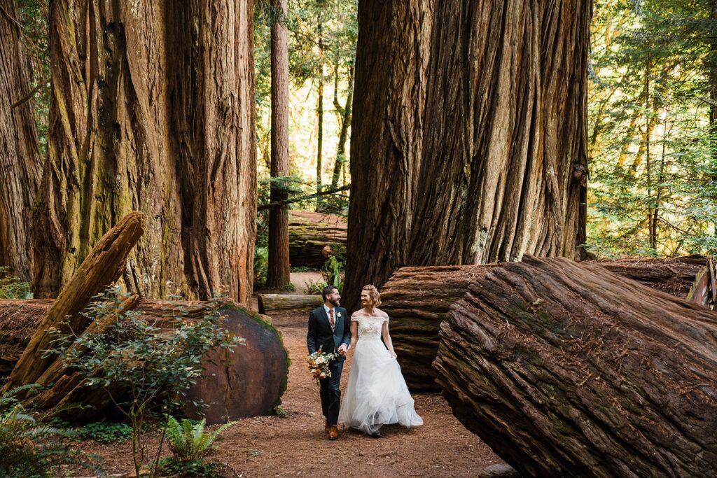 Bride and groom hold hands while walking through the forest at their Oregon elopement