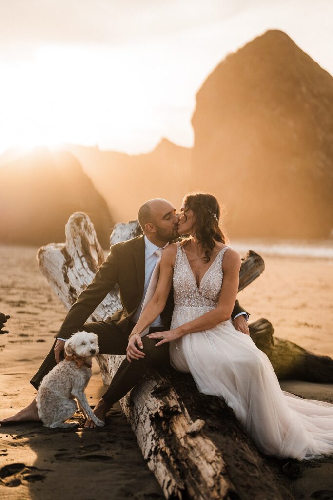 Bride and groom kiss while sitting on a log on the beach at their Oregon elopement