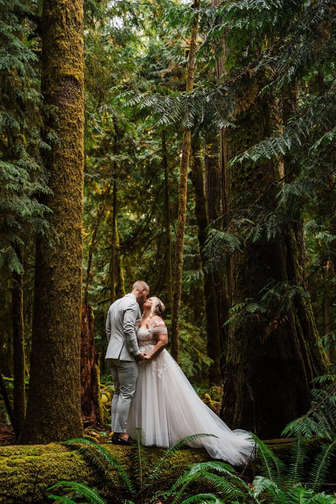 Bride and groom kiss while standing on a log at their Sequoia National Park wedding