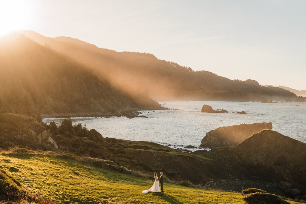 Bride and groom sunrise photos at their Crook Point elopement