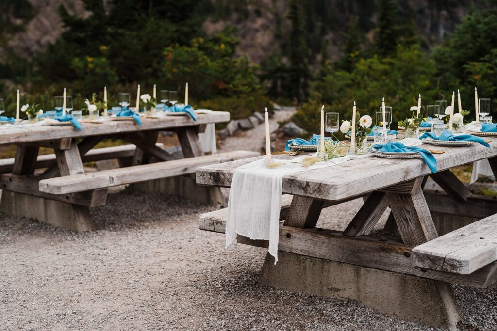 Picnic area wedding reception with white and blue tablecloths