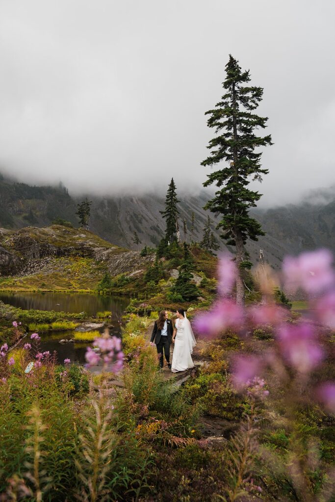 Brides hold hands while walking around North Cascades National Park