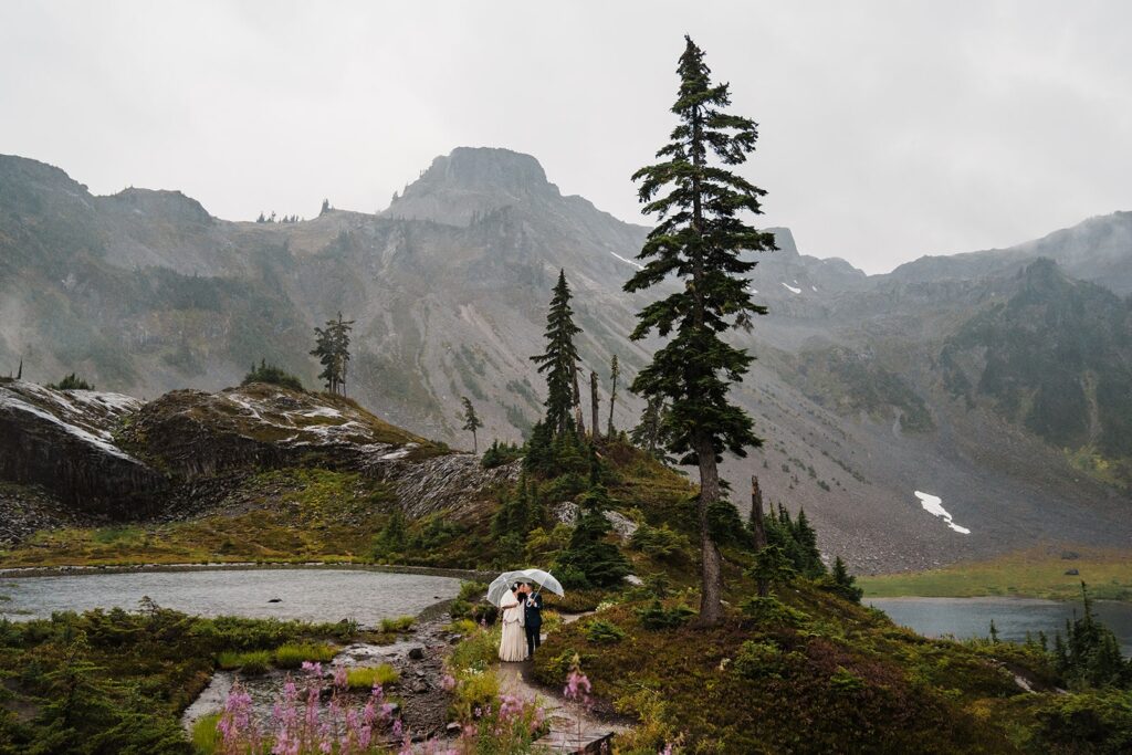 Couple holding clear umbrellas during their rainy North Cascades elopement