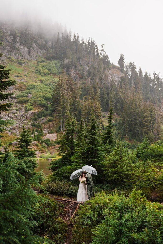 Bride and groom kiss under clear umbrellas during their rainy North Cascades wedding 