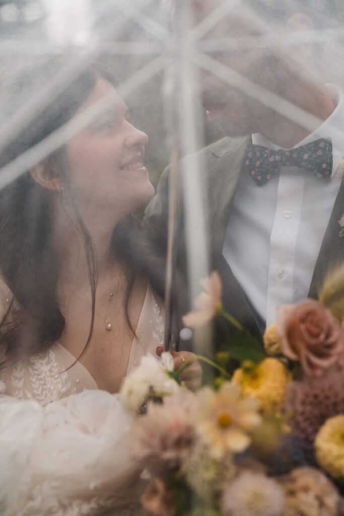 Bride and groom North Cascades wedding photos in the rain 