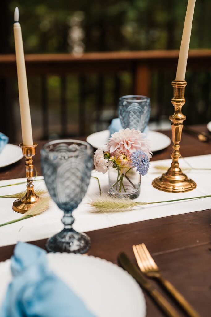 Blue and white and pink wedding reception decorations