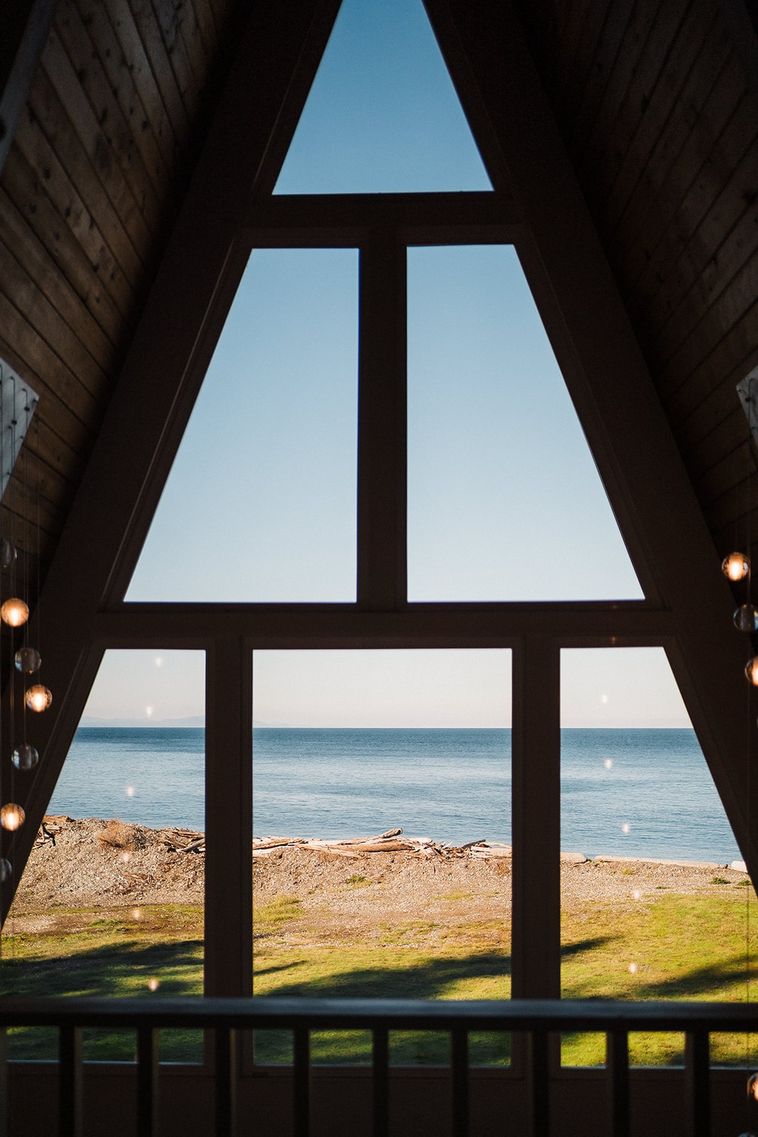 View of the beach from an A-frame cabin in Washington