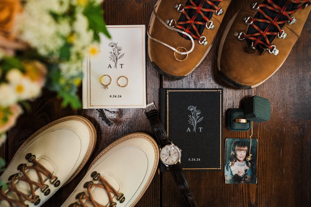 Wedding detail display at intimate cabin wedding in Washington 