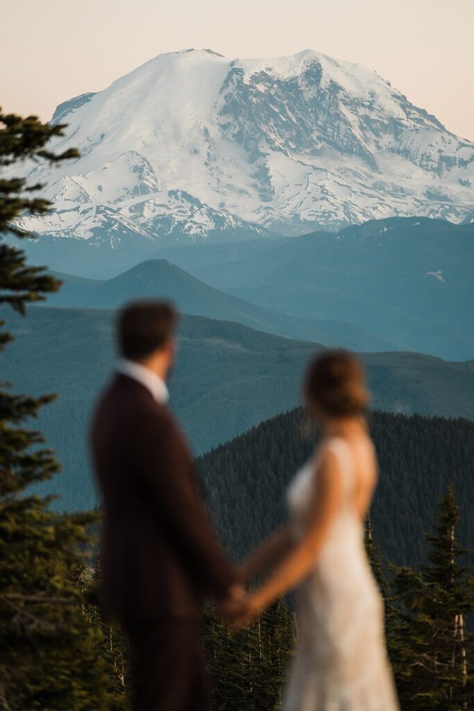 Bride and groom hold hands while gazing at Mount Rainier in the distance 