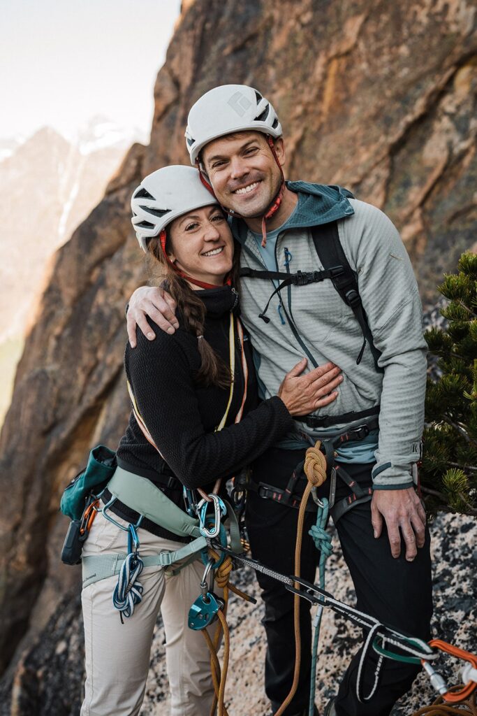 Bride and groom hug during their rock climbing elopement at Liberty Bell in the North Cascades