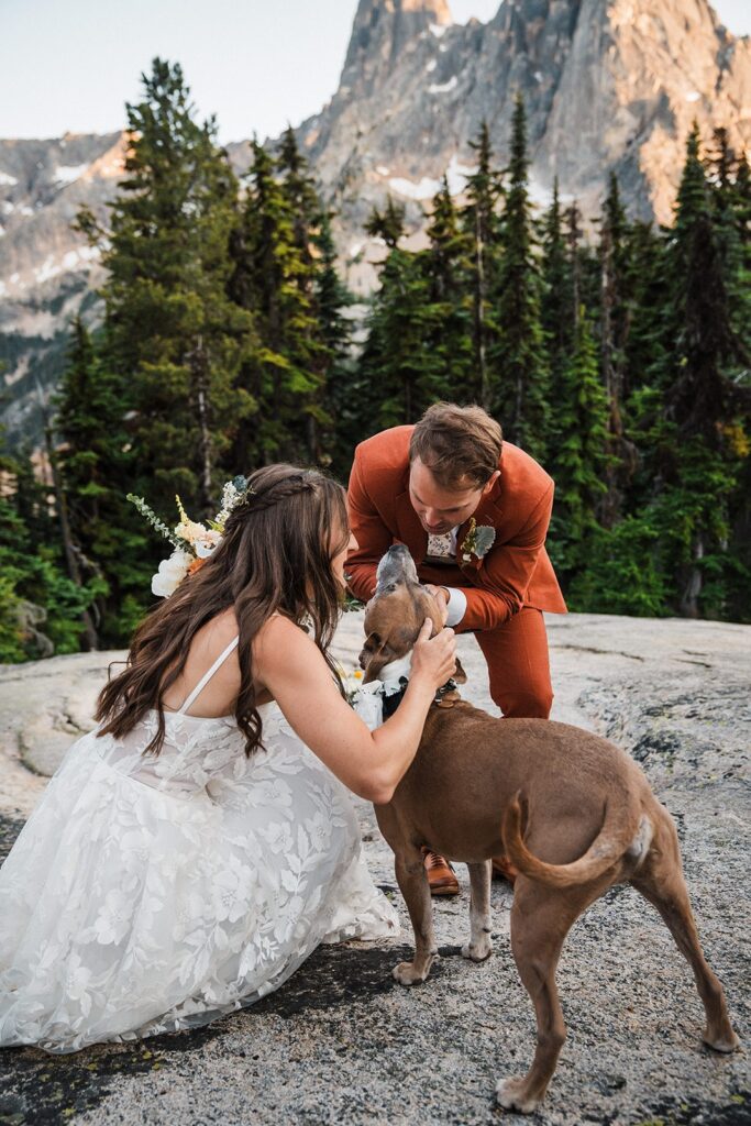 Bride and groom kiss their pup after their elopement ceremony in the North Cascades