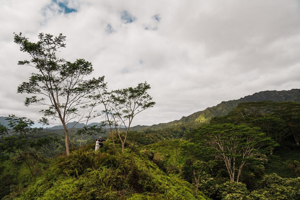 Bride and groom look out across a lush green canyon during their Kauai elopement 