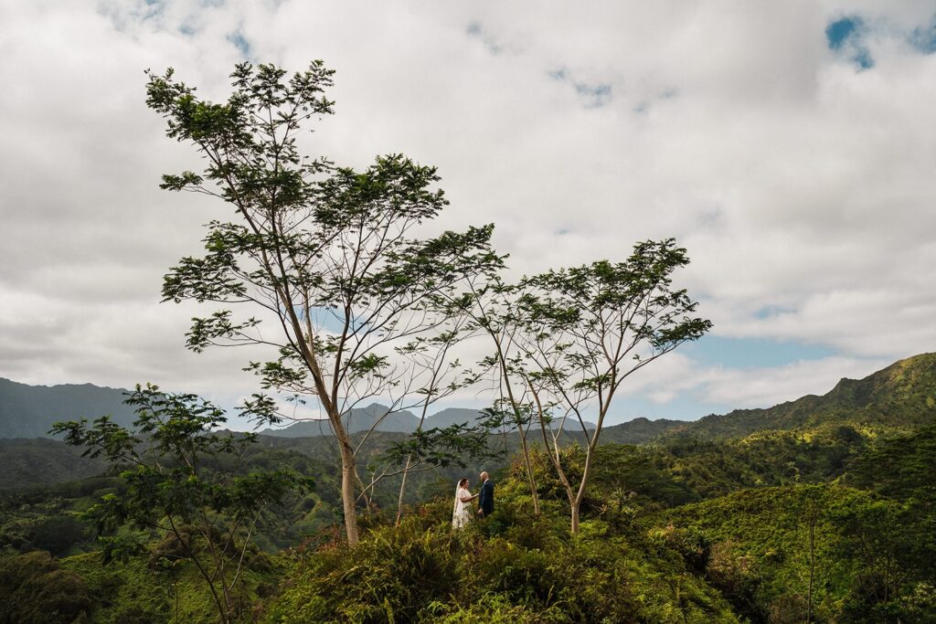 Bride and groom hold hands during their rainforest elopement in Kauai 