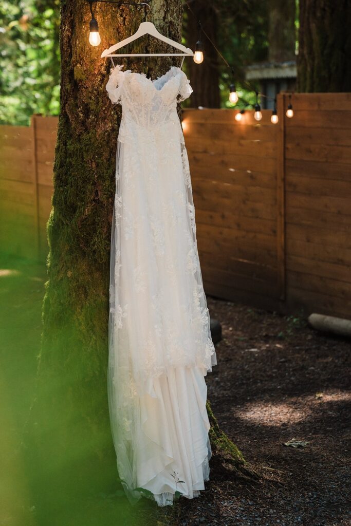 White wedding dress hanging from a tree at an Airbnb cabin in Ashford, WA