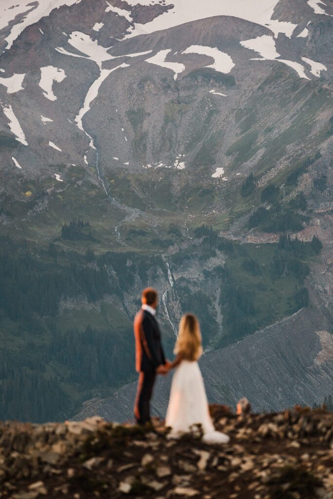 Bride and groom hold hands while looking out Mount Rainier in the distance 