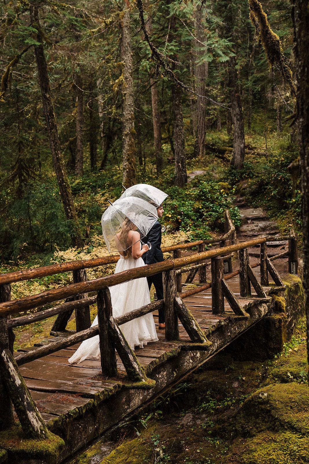 Bride and groom walk across a wood bridge in the forest while holding clear umbrellas during their Washington fall wedding