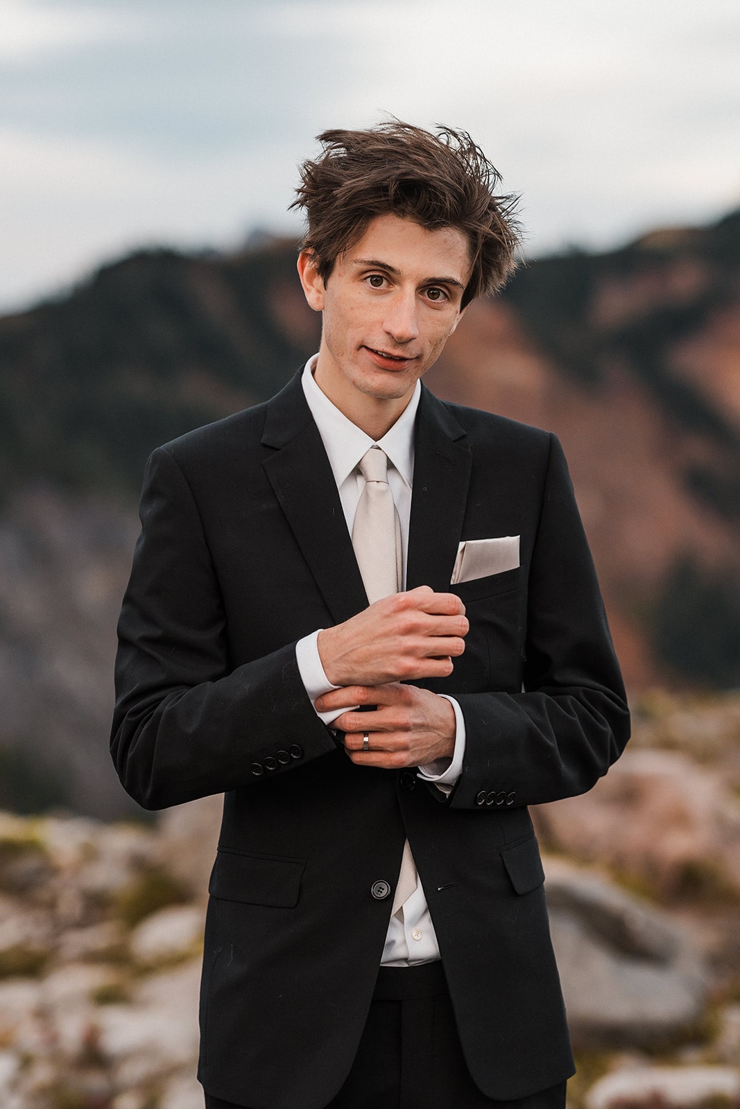 Groom portrait photos in the mountains at Artist Point