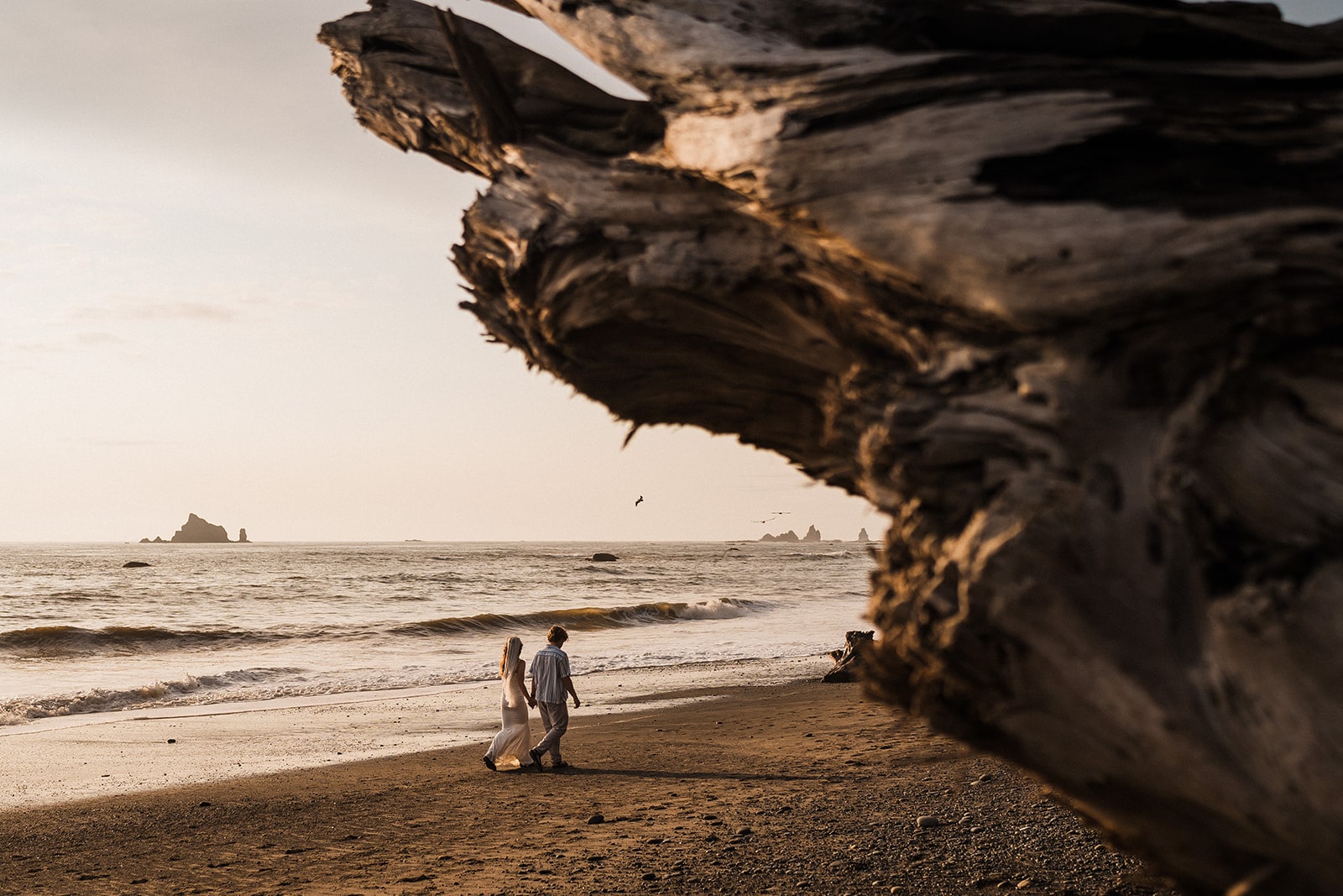 Bride and groom hold hands while walking across the beach during their national park elopement at Rialto Beach