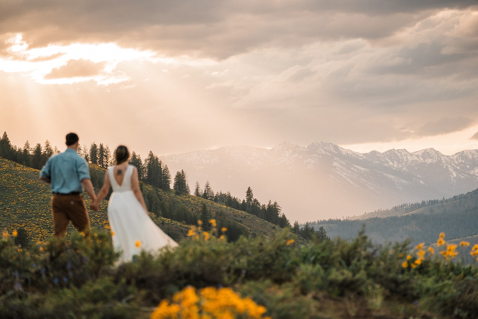 Bride and groom hold hands while looking out over the horizon during their elopement in Eastern Washington.