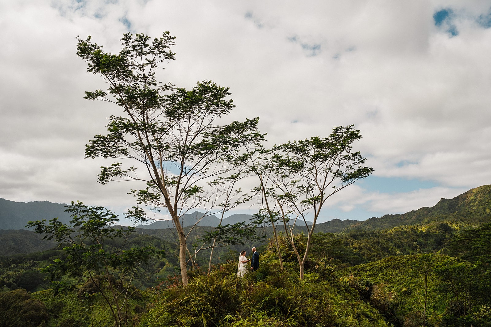 Bride and groom stand in a Kauai rainforest exchanging private vows during their elopement in Kauai.