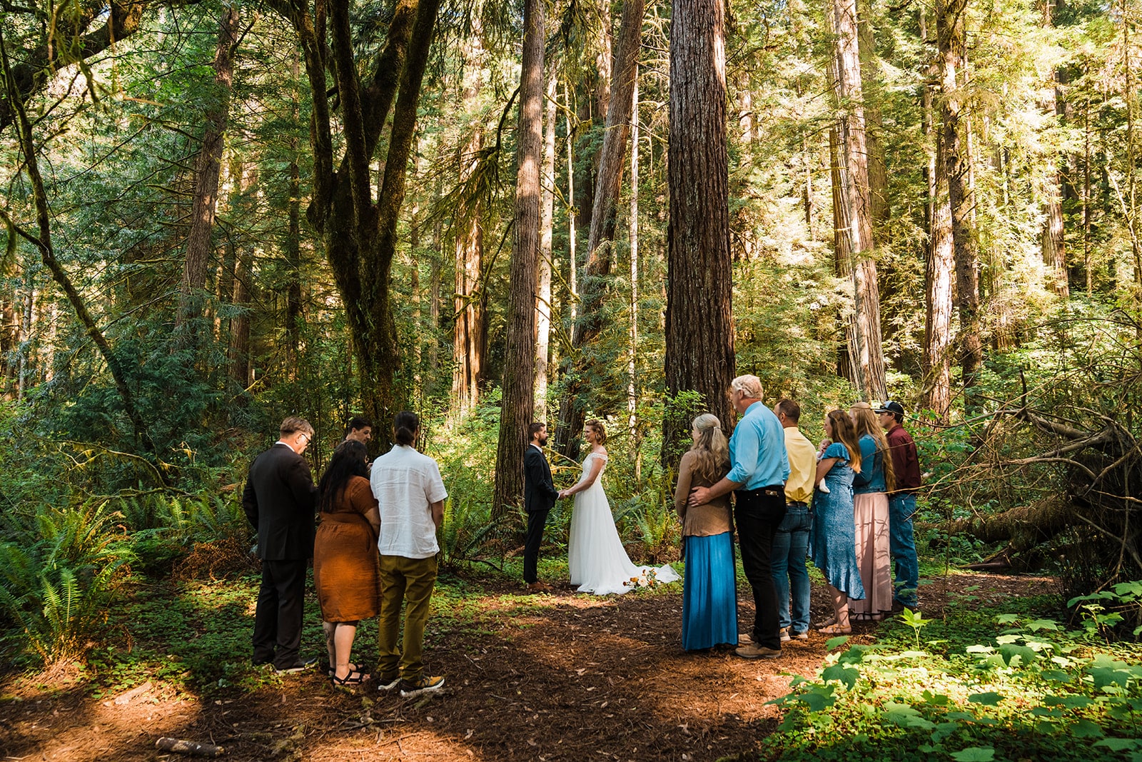 Bride and groom hold hands during their California elopement ceremony in the Redwoods.